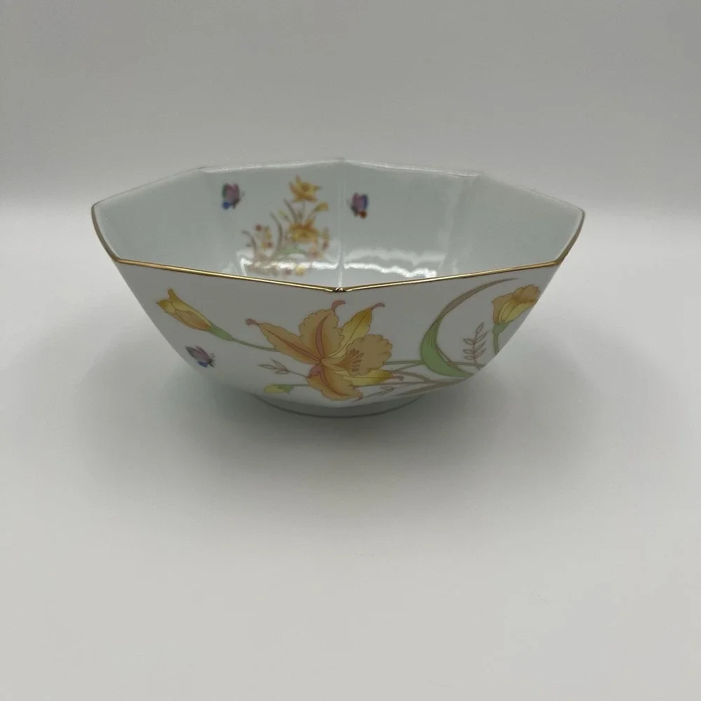 Shaddy Fine China Japan Octagonal Bowl‎ Floral Butterfly Gold Rimmed